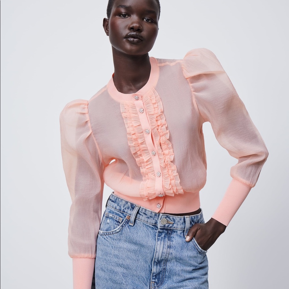 (SOLD)Zara Organza Jacket Ruffled Light Peachy Pink Jewel Button